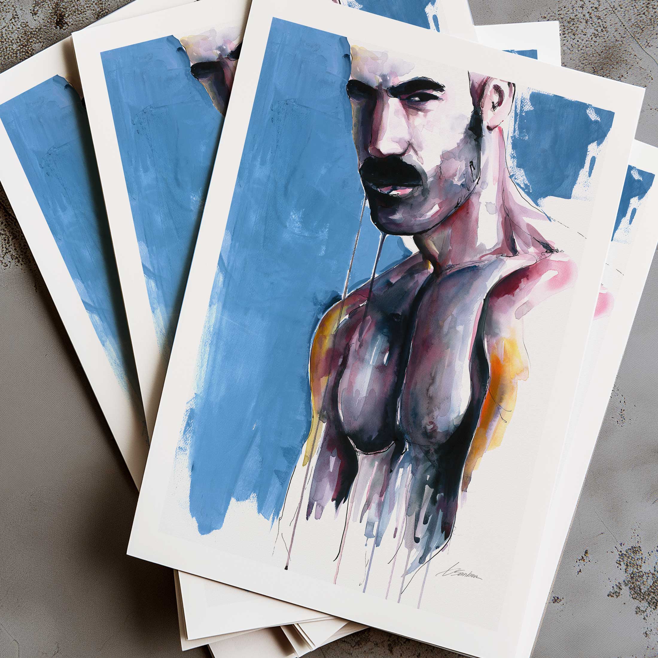 Mustached Male with Broad Shoulders and Intense Gaze - Art Print