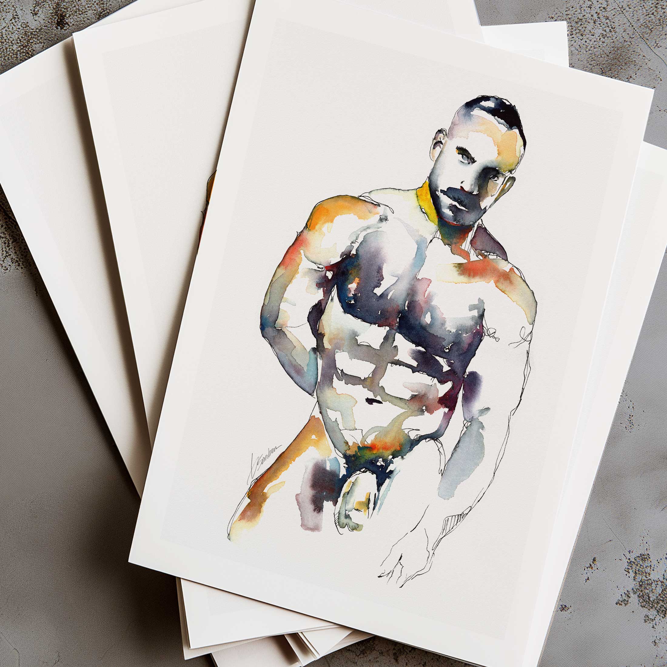 Muscular Male Nude with Intense Stare and Chiseled Abs - Art Print