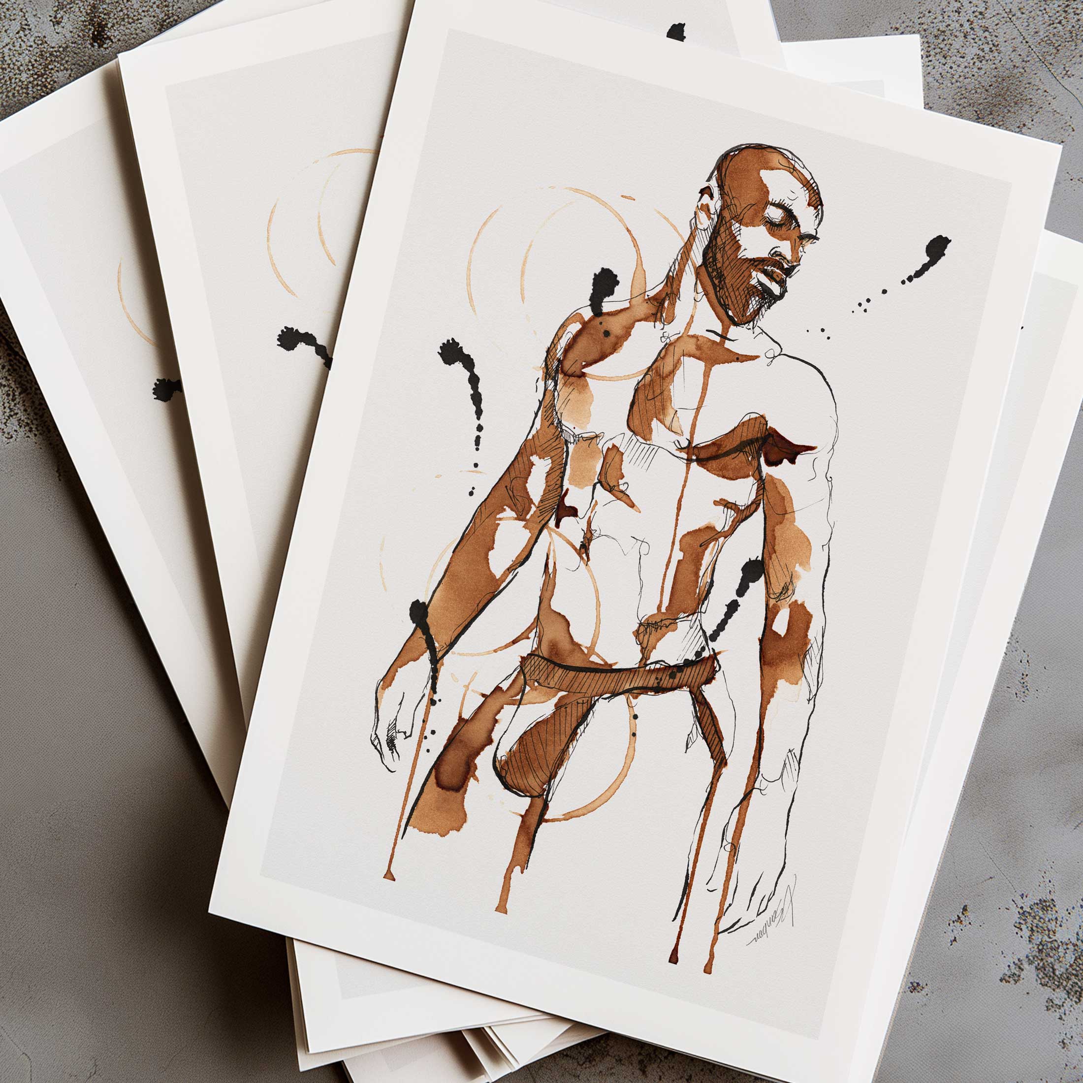 Bearded Male Figure in Coffee and Ink Wearing Jockstrap – Art Print