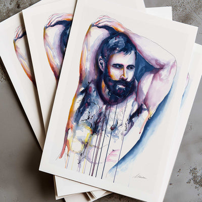 Bearded Man with Raised Arms and Strong, Hairy Chest - Art Print Artist Brenden Sanborn