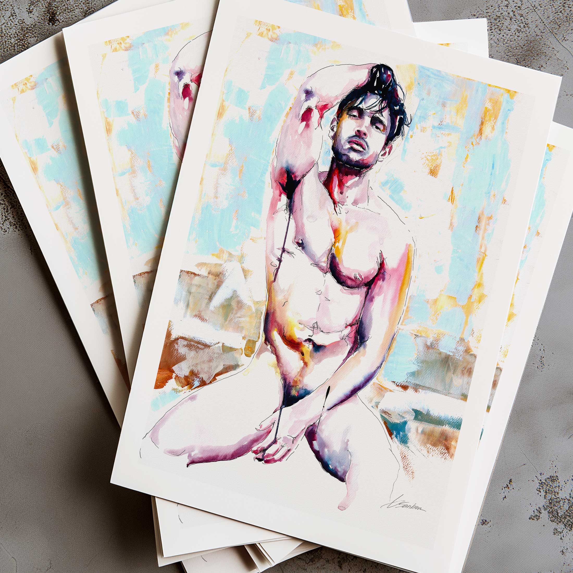 Seated Nude Male with Tousled Hair and Pensive Gaze - Art Print