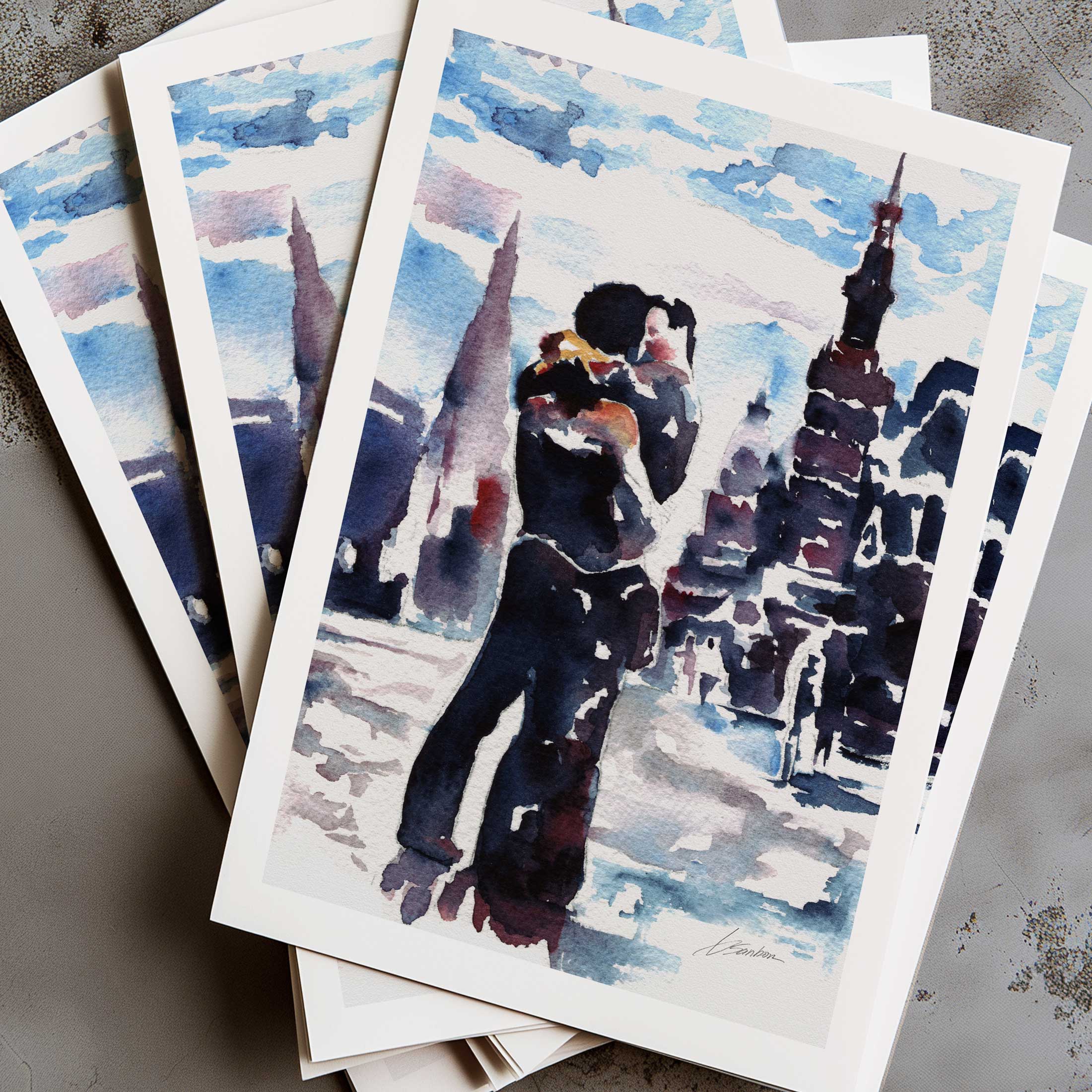 City Lights and Lovers Embracing – Art Print