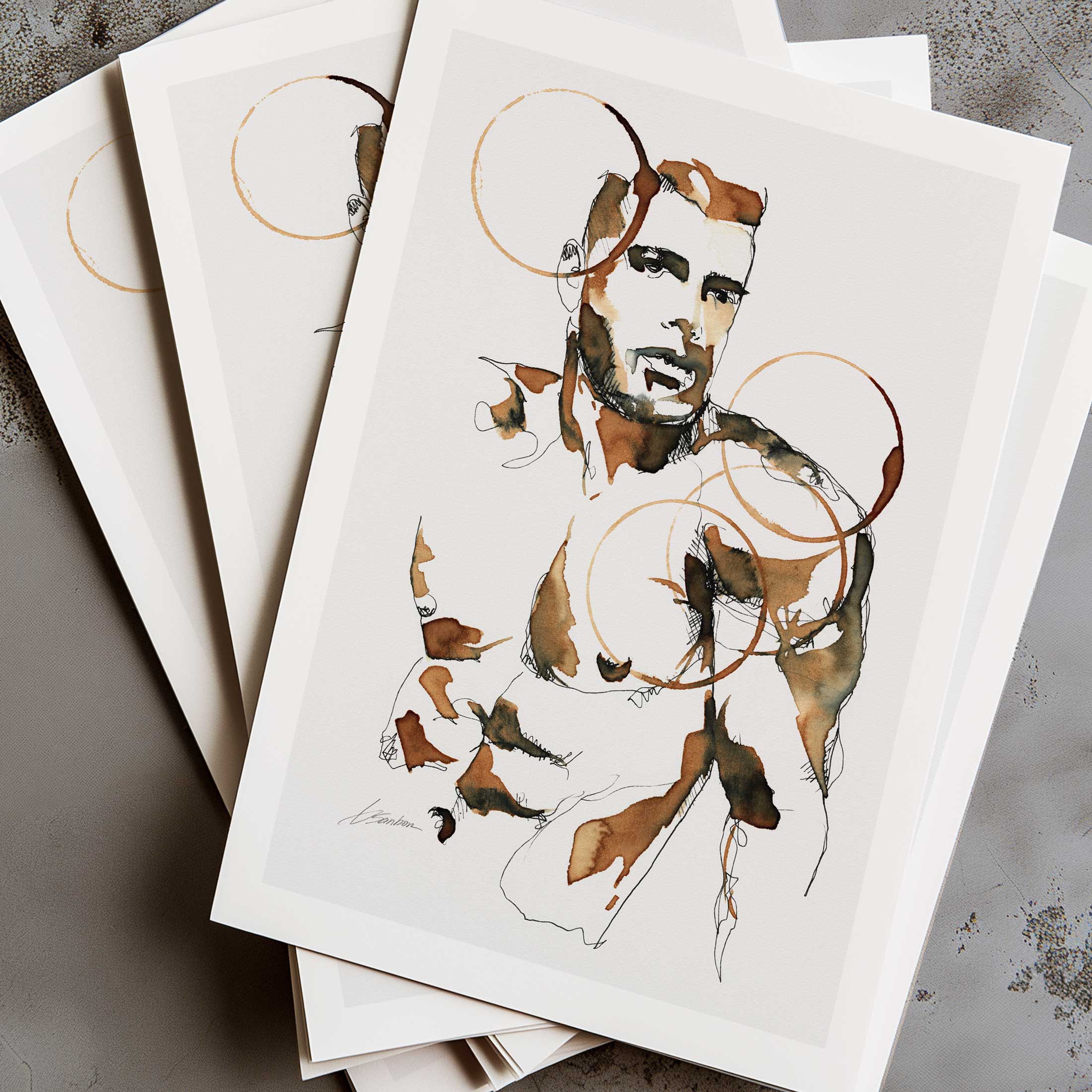 Male Portrait with Coffee Ink Stains – Art Print