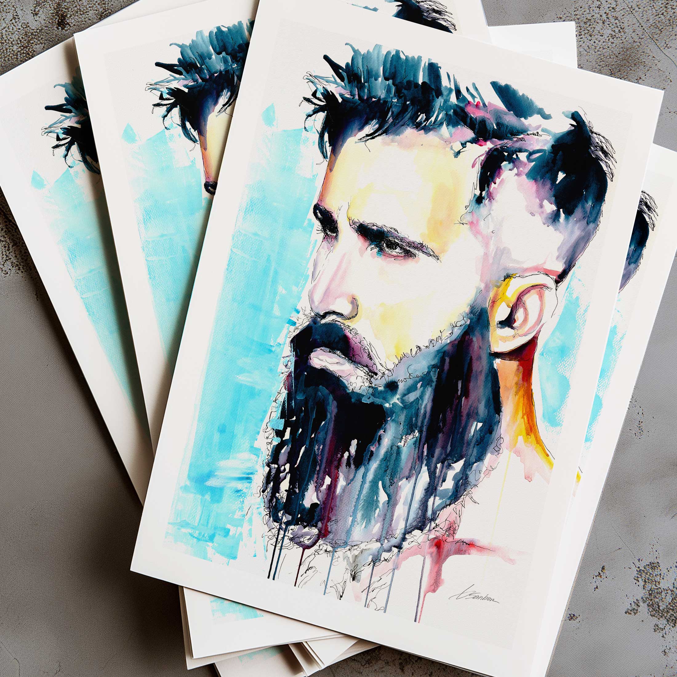 Bearded Man with Intense Gaze and Chiseled Jawline - Art Print