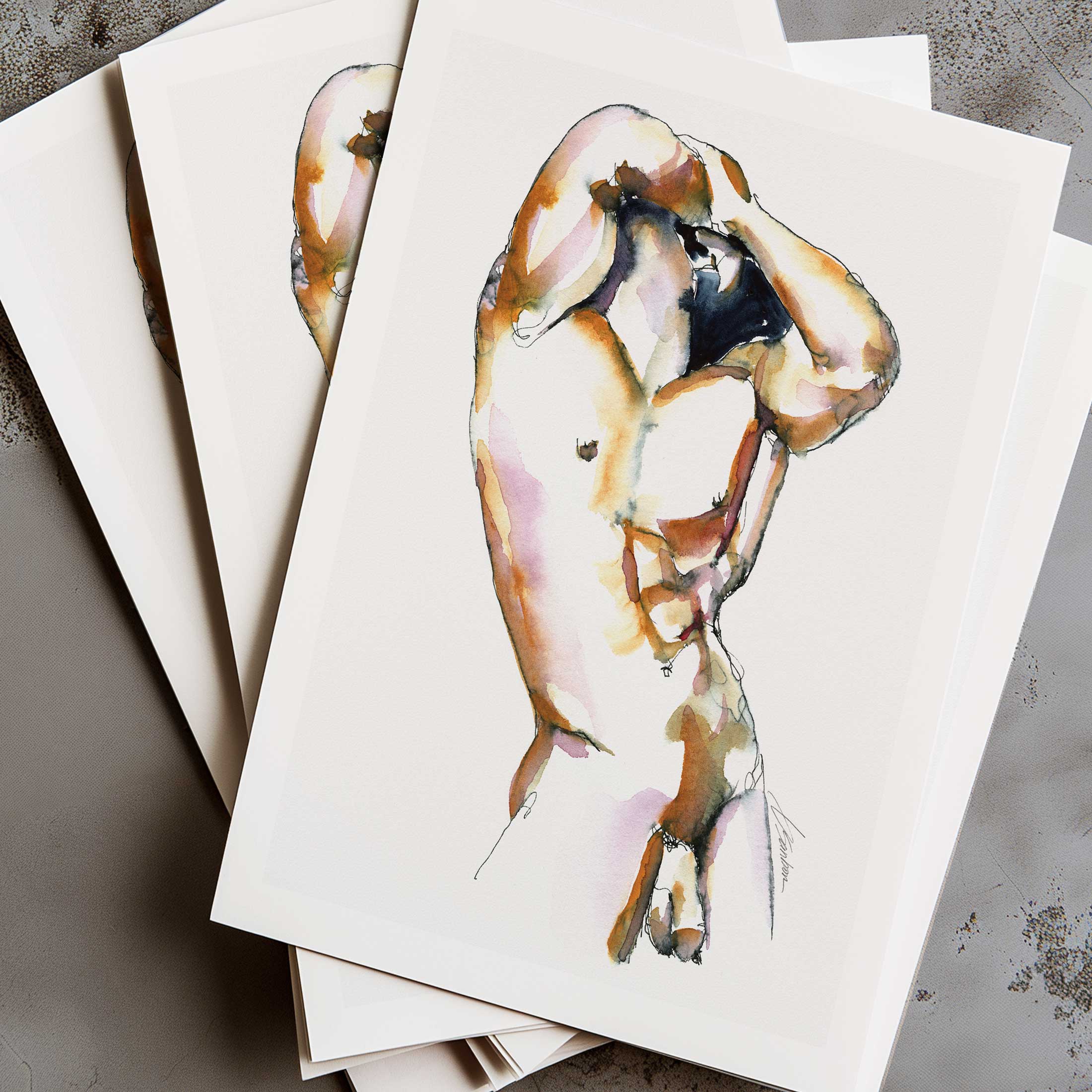 Strong Curves Male Nude with Hands Behind Head - Art Print