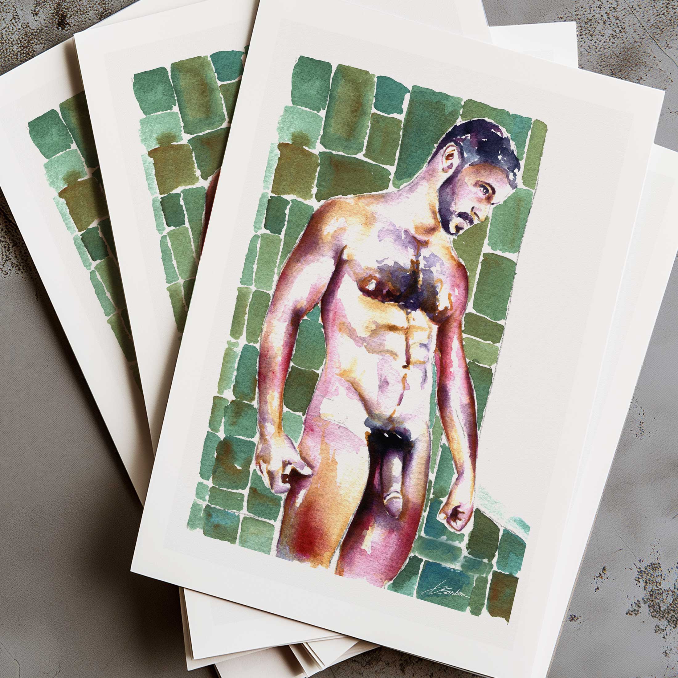 Bearded Man in Shower - Art Print