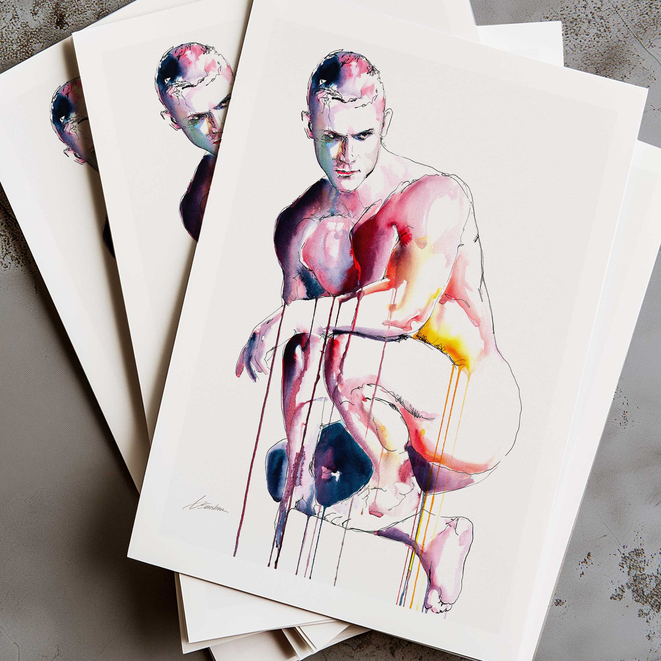 Crouched in Thought Muscular Form Highlighted by Bold Strokes - Art Print