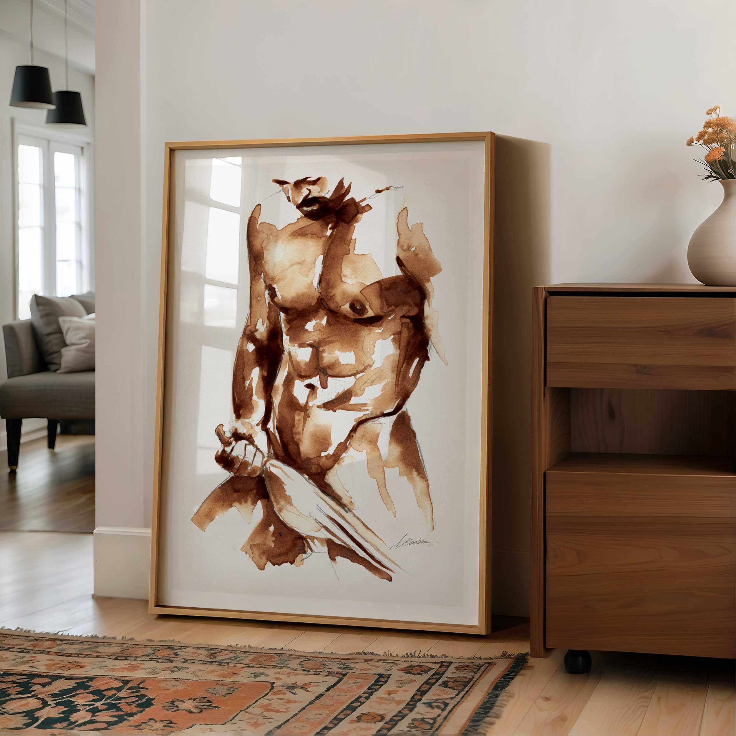 Coffee Nude Pulling Underwear - Art Print