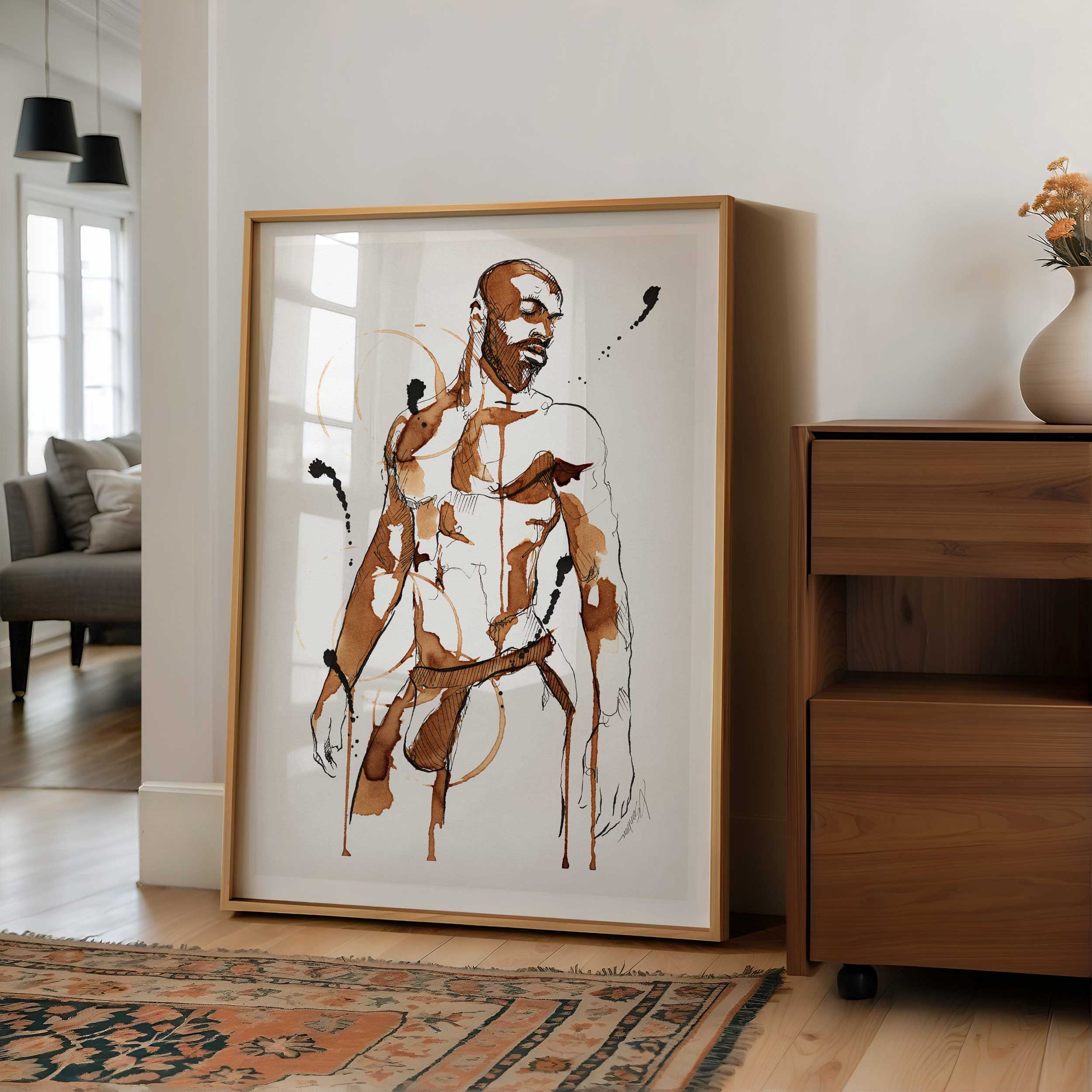 Bearded Male Figure in Coffee and Ink Wearing Jockstrap – Art Print