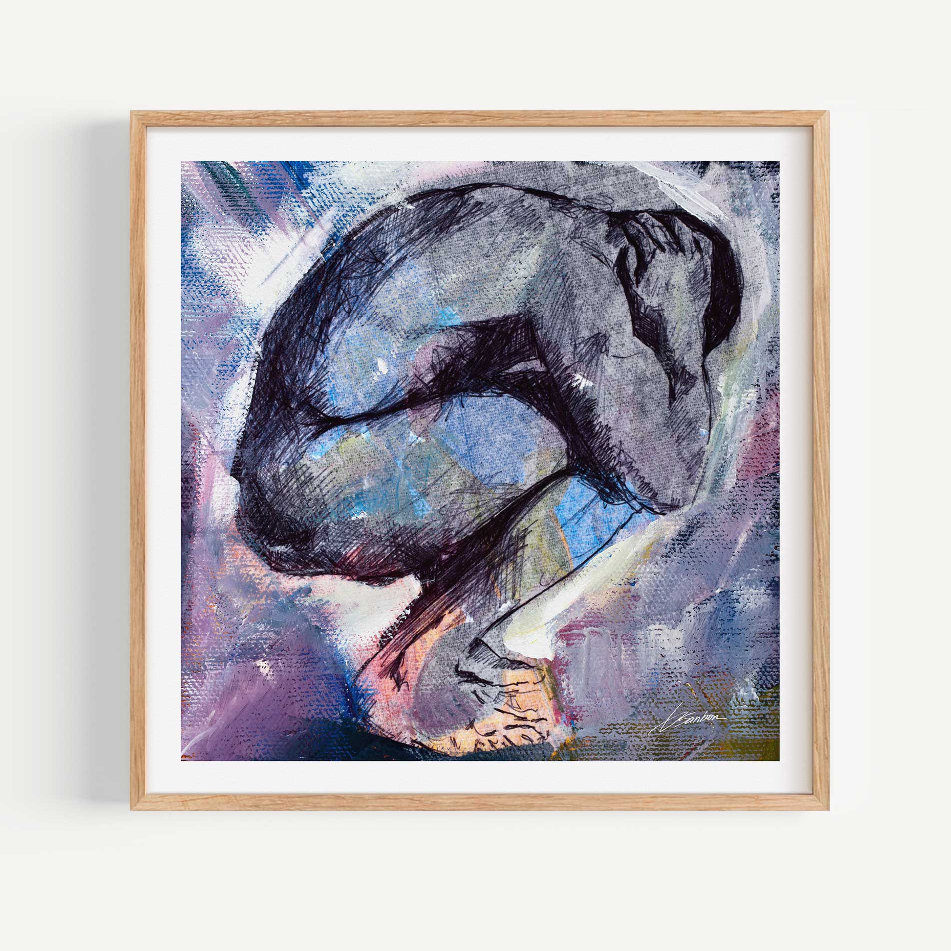 Male Figure in Fetal Pose with Dark Tones – Art Print