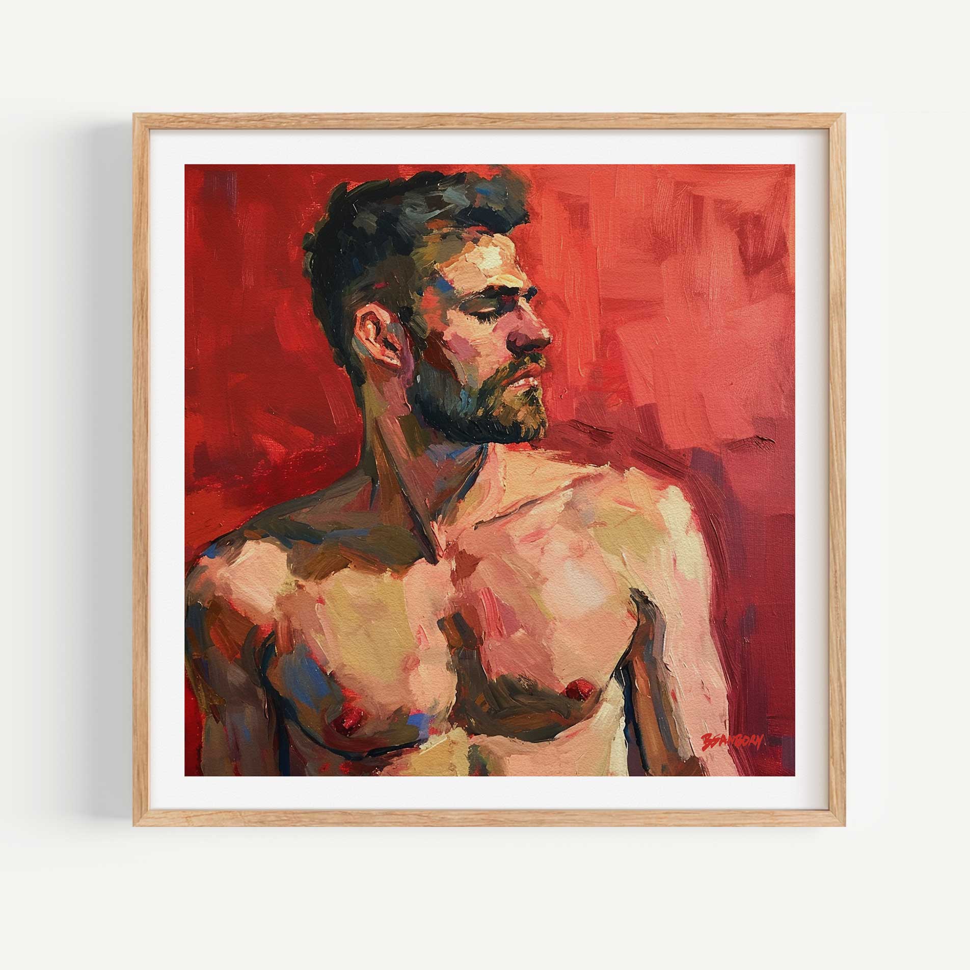 Resolute Profile - Bearded Man with Red Backdrop - Giclee Art Print