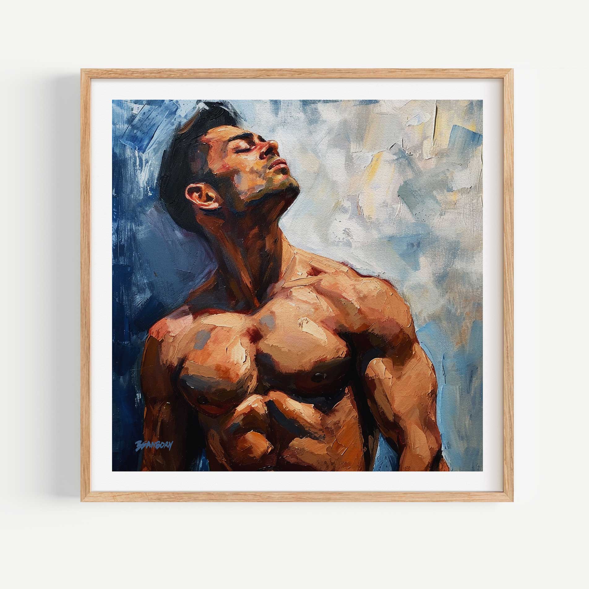 Sunlit Contours - Chiseled Physique Against Blue - Giclee Art Print