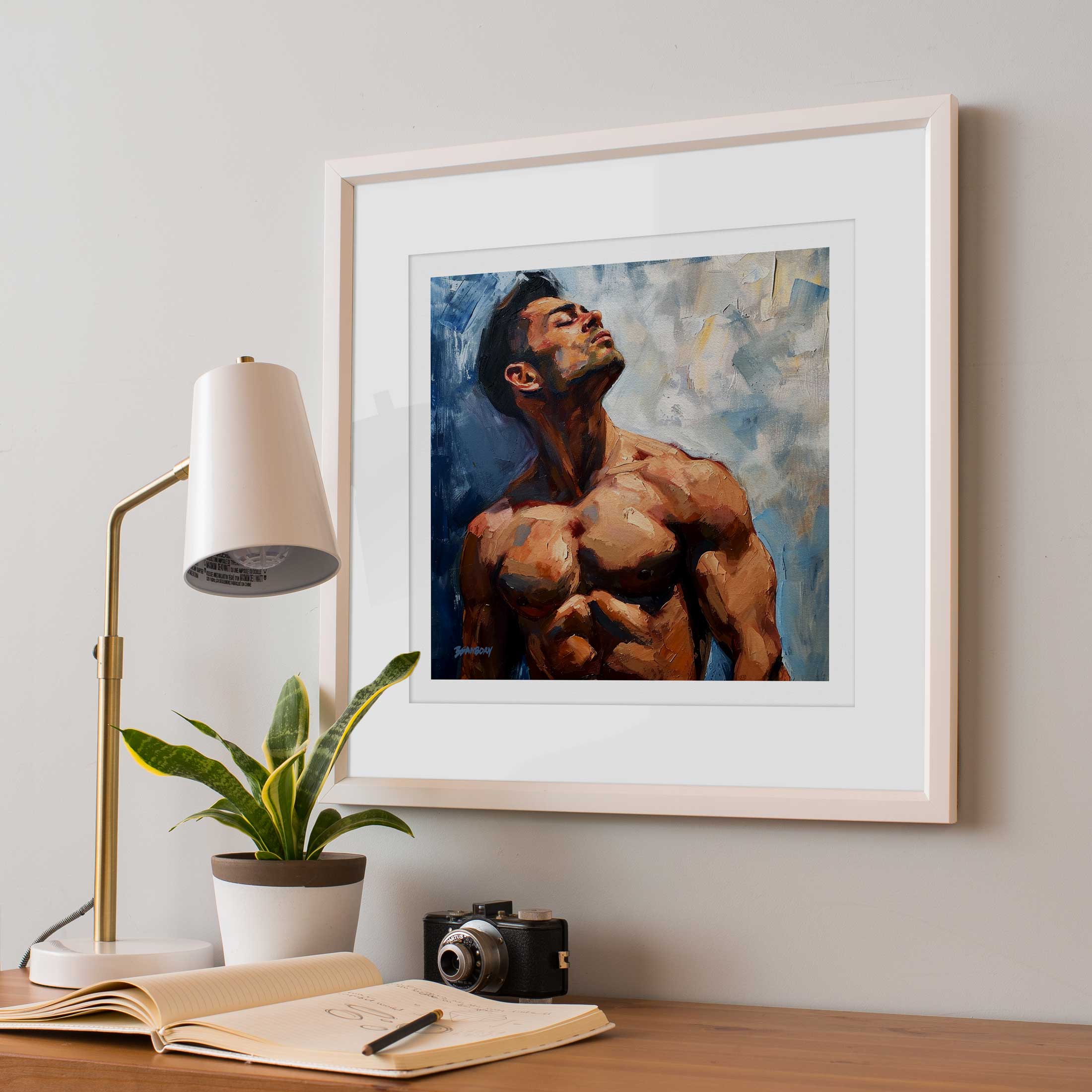 Sunlit Contours - Chiseled Physique Against Blue - Giclee Art Print