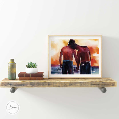 Two Men on Beach: Sunset Embrace & Loving Connection - Giclee Art Print