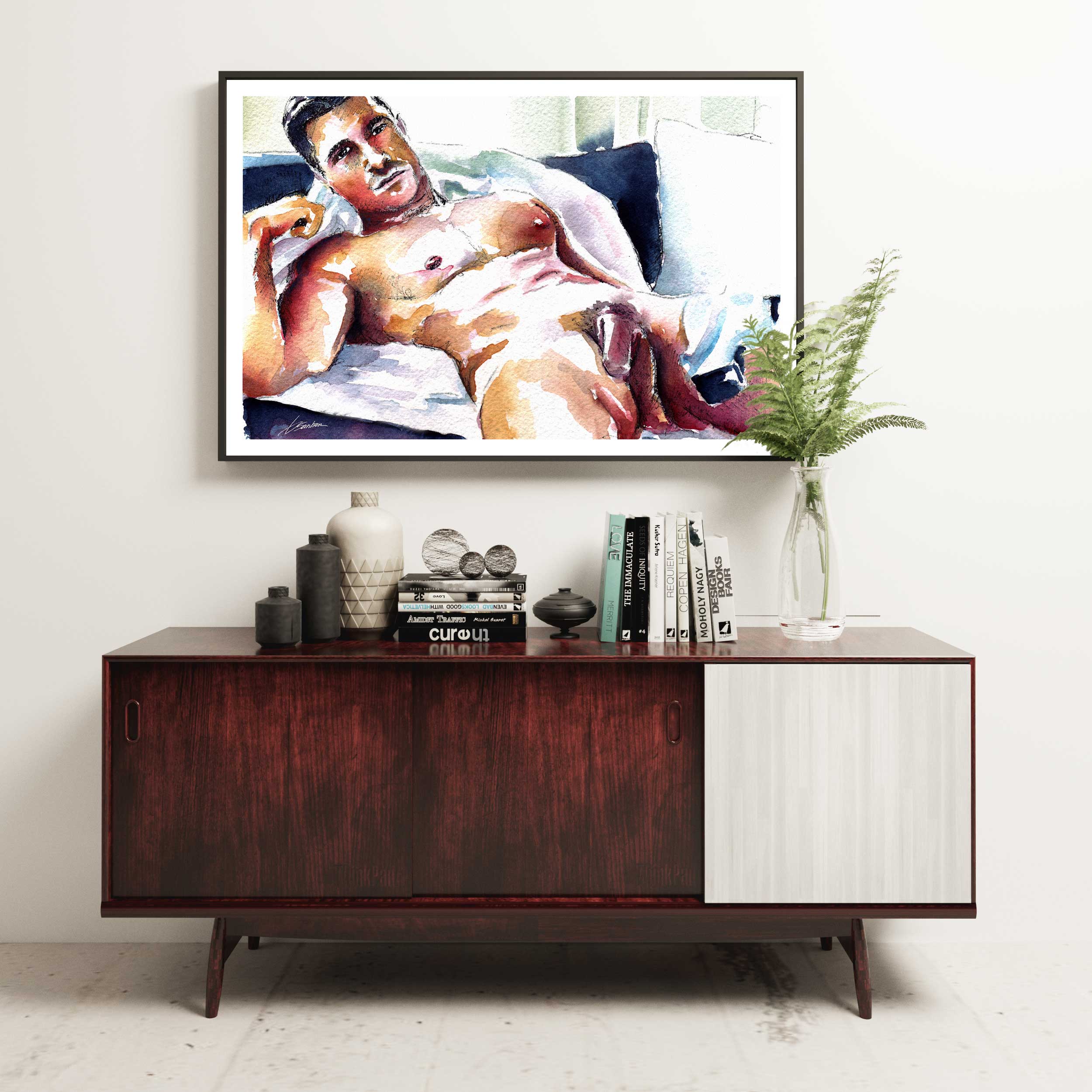 Male Nude Resting on White Sheets - Art Print