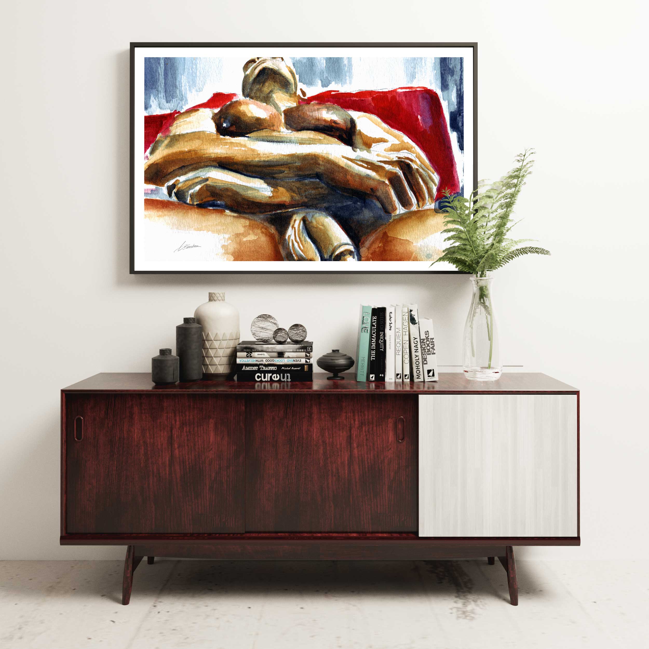 Reclined Male Nude Resting on Red - Art Print