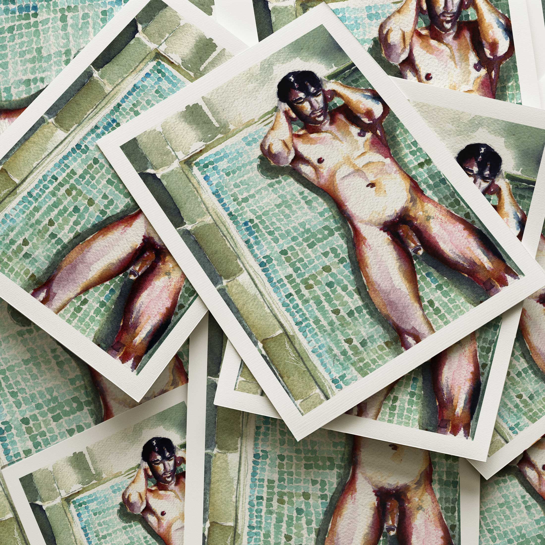 Male Nude Underwater Tiles Resting Against a Mosaic Wall - Art Print