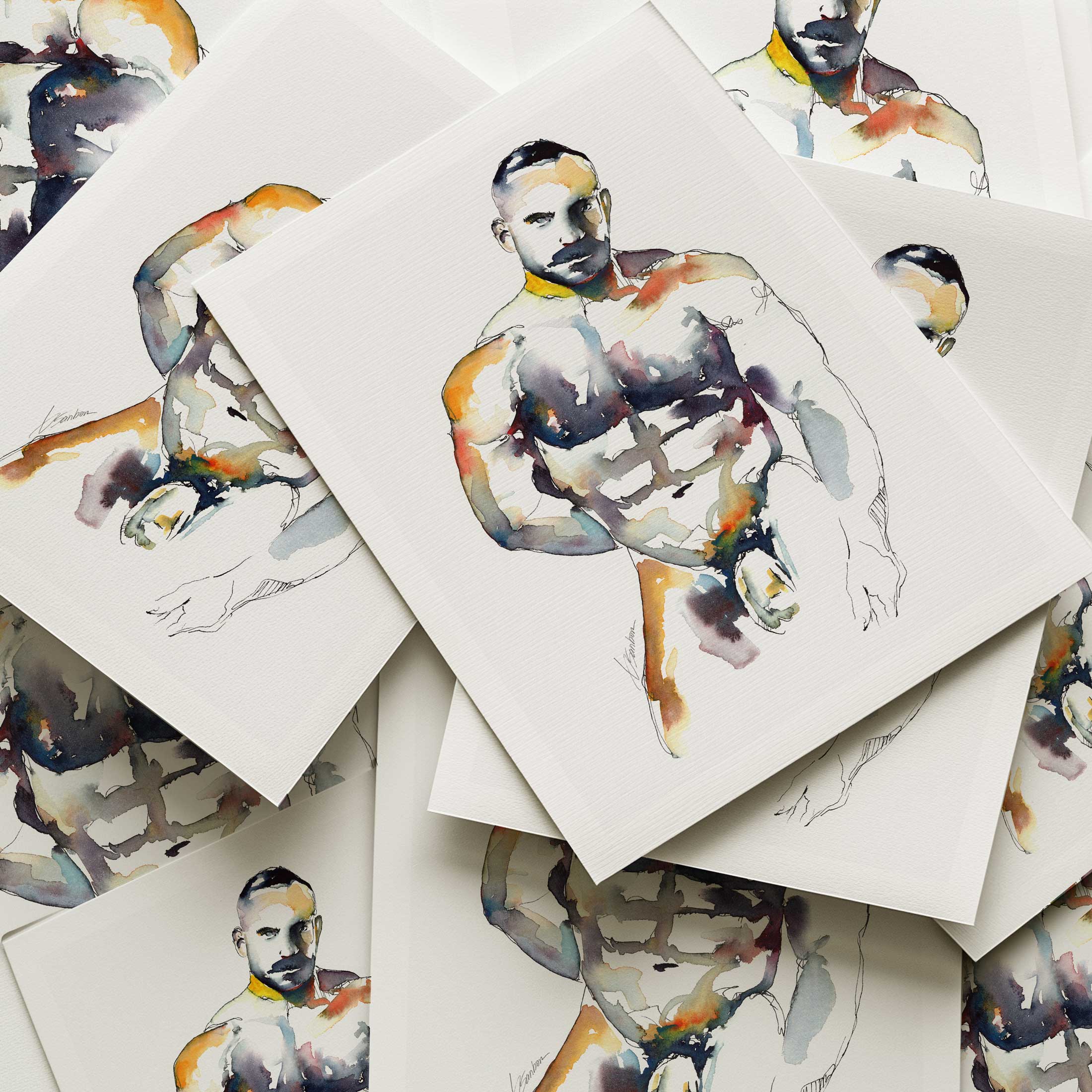 Muscular Male Nude with Intense Stare and Chiseled Abs - Art Print