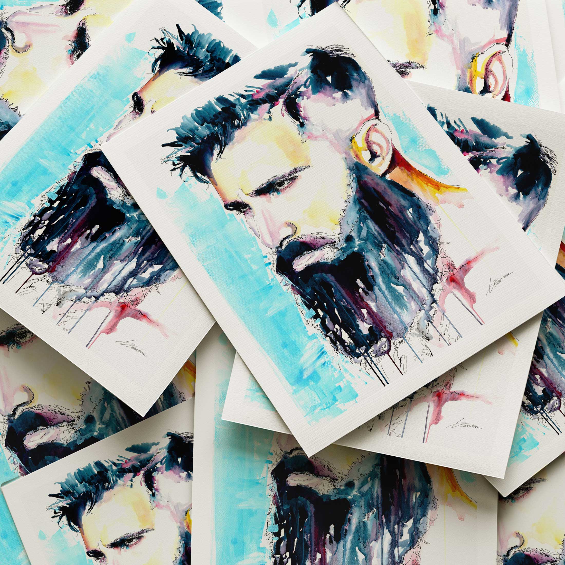 Bearded Man with Intense Gaze and Chiseled Jawline - Art Print