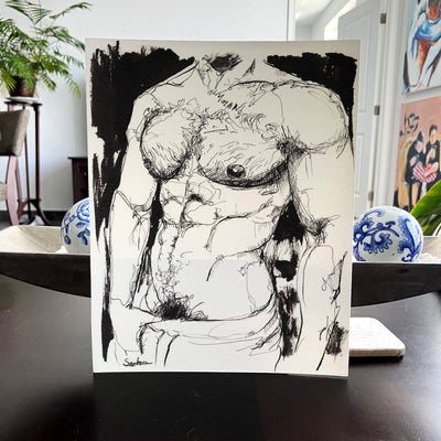 Male torso pen and ink original drawing 9x12 expressive figurative art by Brenden Sanborn