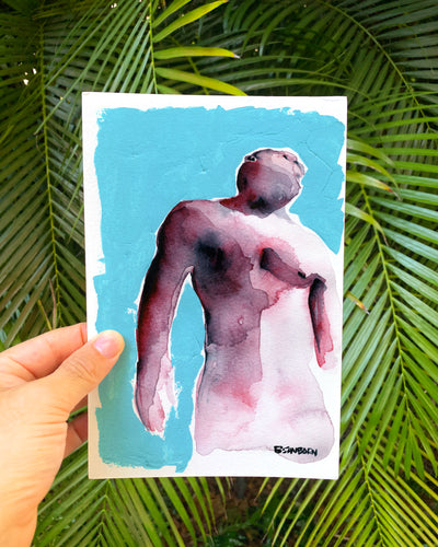 Nude male torso original watercolor painting 6x9 upturned head figurative art by Brenden Sanborn