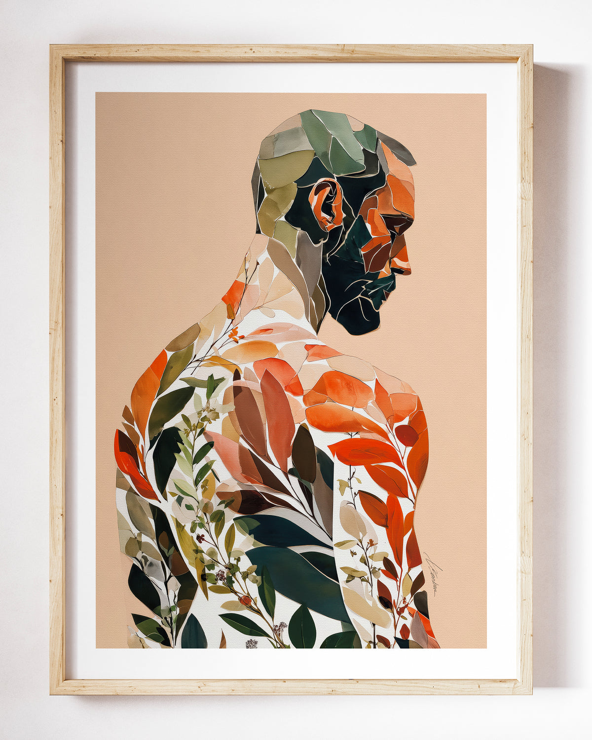 Autumn Inside art print by Brenden Sanborn, a bearded man in profile, his body made of rust, green and cream leaves on a peach background, shown in a light wood frame