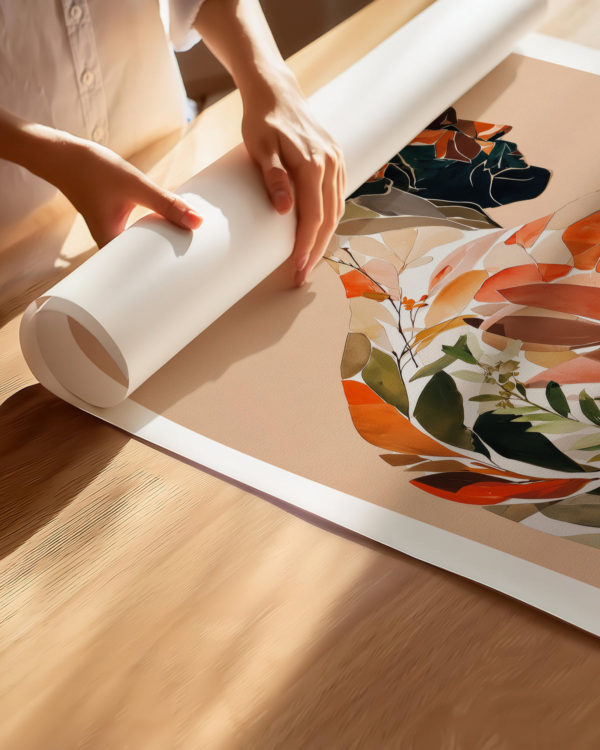 Hands unrolling the Autumn Inside fine art paper print, showing the white border