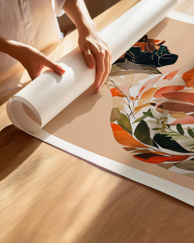 Hands unrolling the Autumn Inside fine art paper print, showing the white border