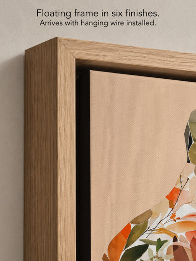 Close up corner of Autumn Inside in a natural oak floating frame, with black canvas edges and hanging wire installed