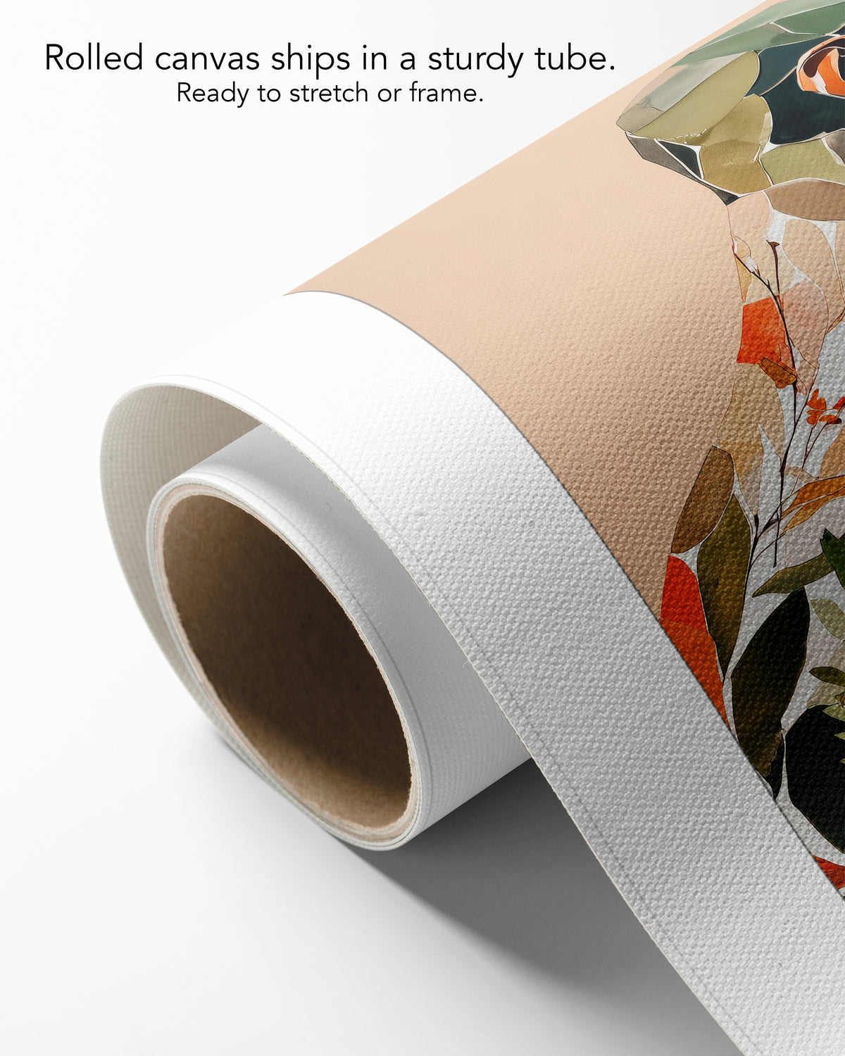 Autumn Inside on rolled canvas with a white border, curling off its cardboard core