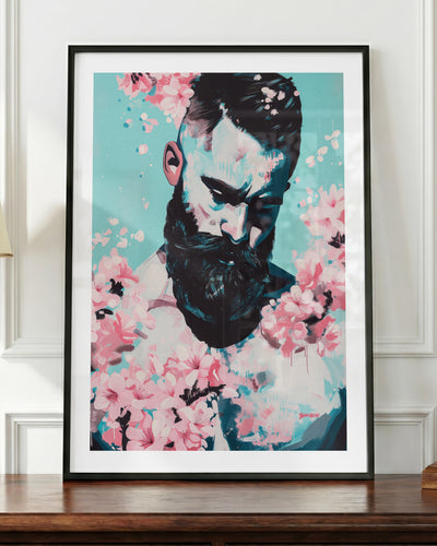 Blush Season art print in a black frame, shown up close