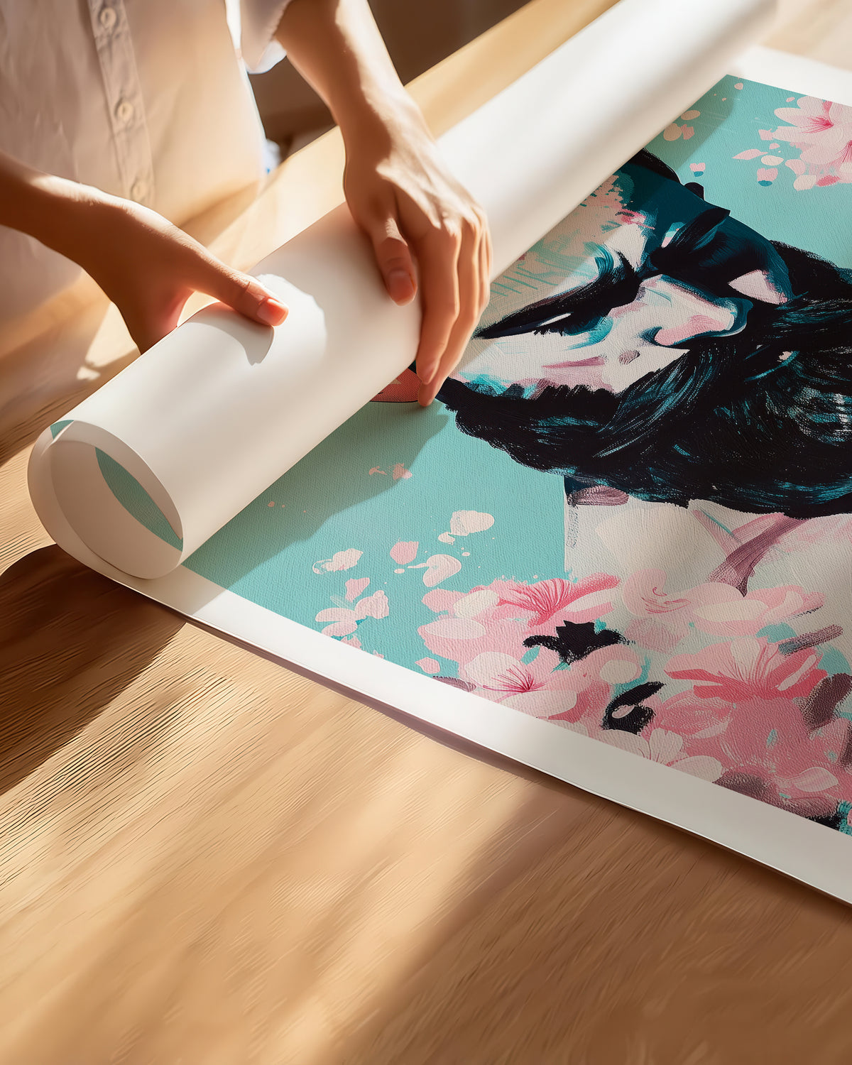 Hands unrolling the Blush Season fine art paper print, showing the white border