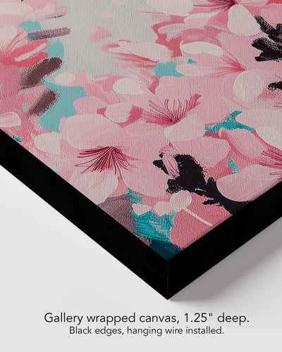 Corner of Blush Season on gallery wrapped canvas, 1.25 inches deep, with black edges and hanging wire installed