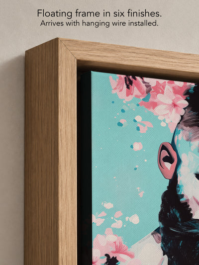 Close up corner of Blush Season in a natural oak floating frame, with black canvas edges and hanging wire installed