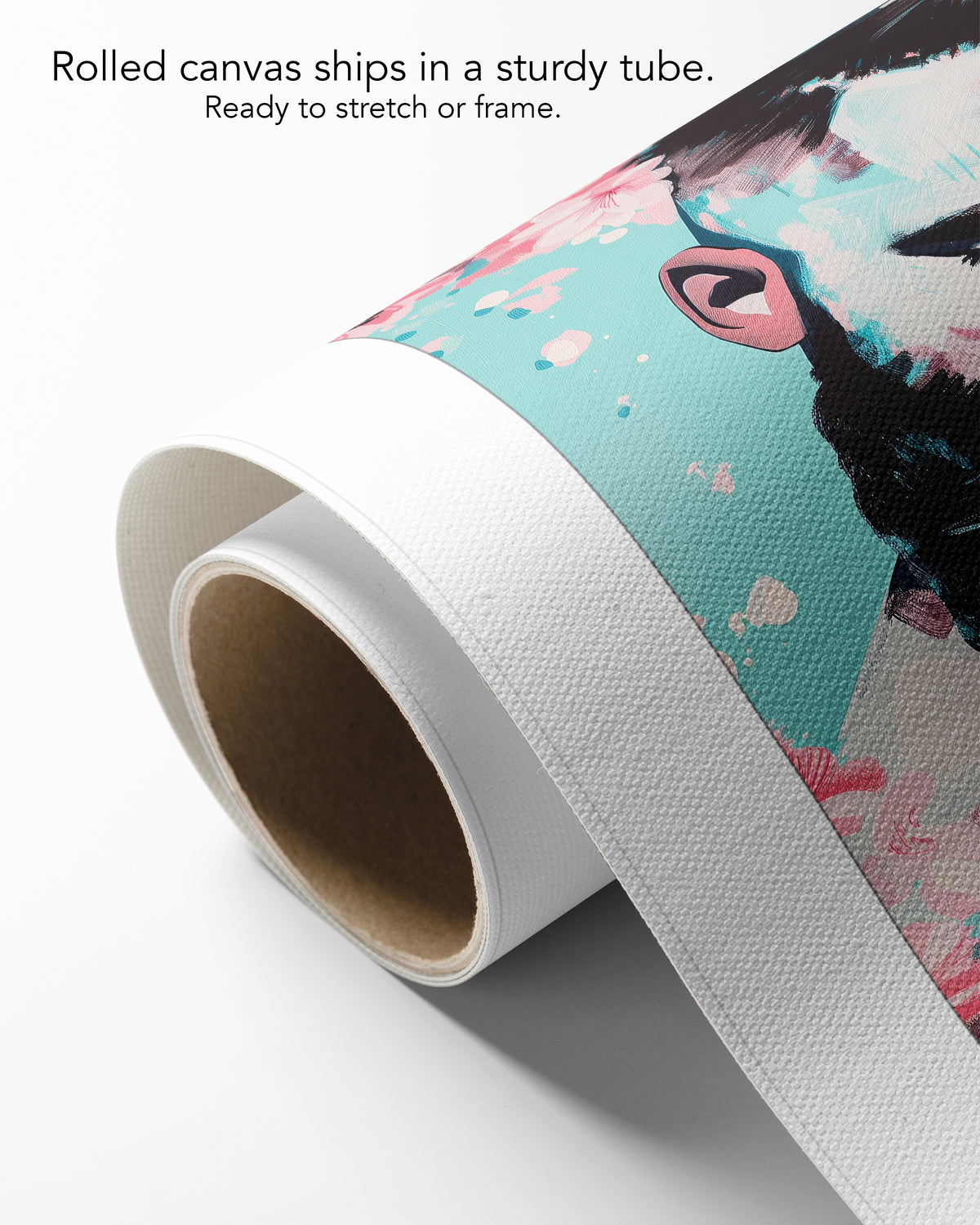 Blush Season on rolled canvas with a white border, curling off its cardboard core