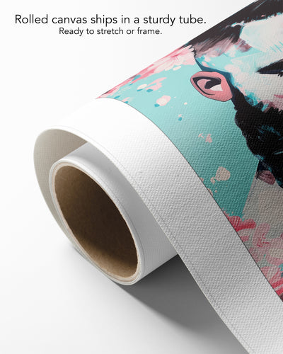 Blush Season on rolled canvas with a white border, curling off its cardboard core