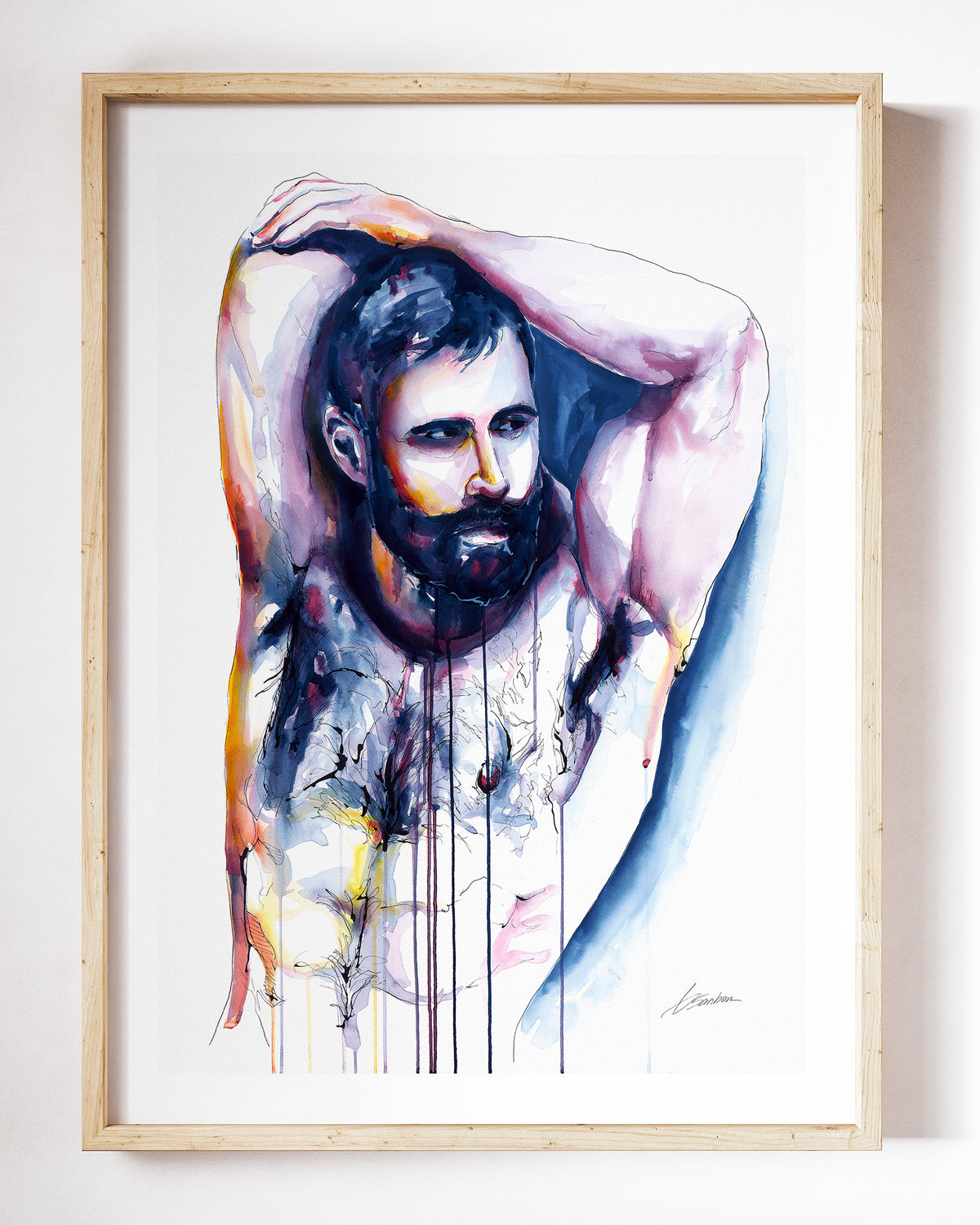 Both at Once watercolor art print by Brenden Sanborn, a bearded man with both arms raised behind his head, in indigo and rose, shown in a light wood frame on a white wall