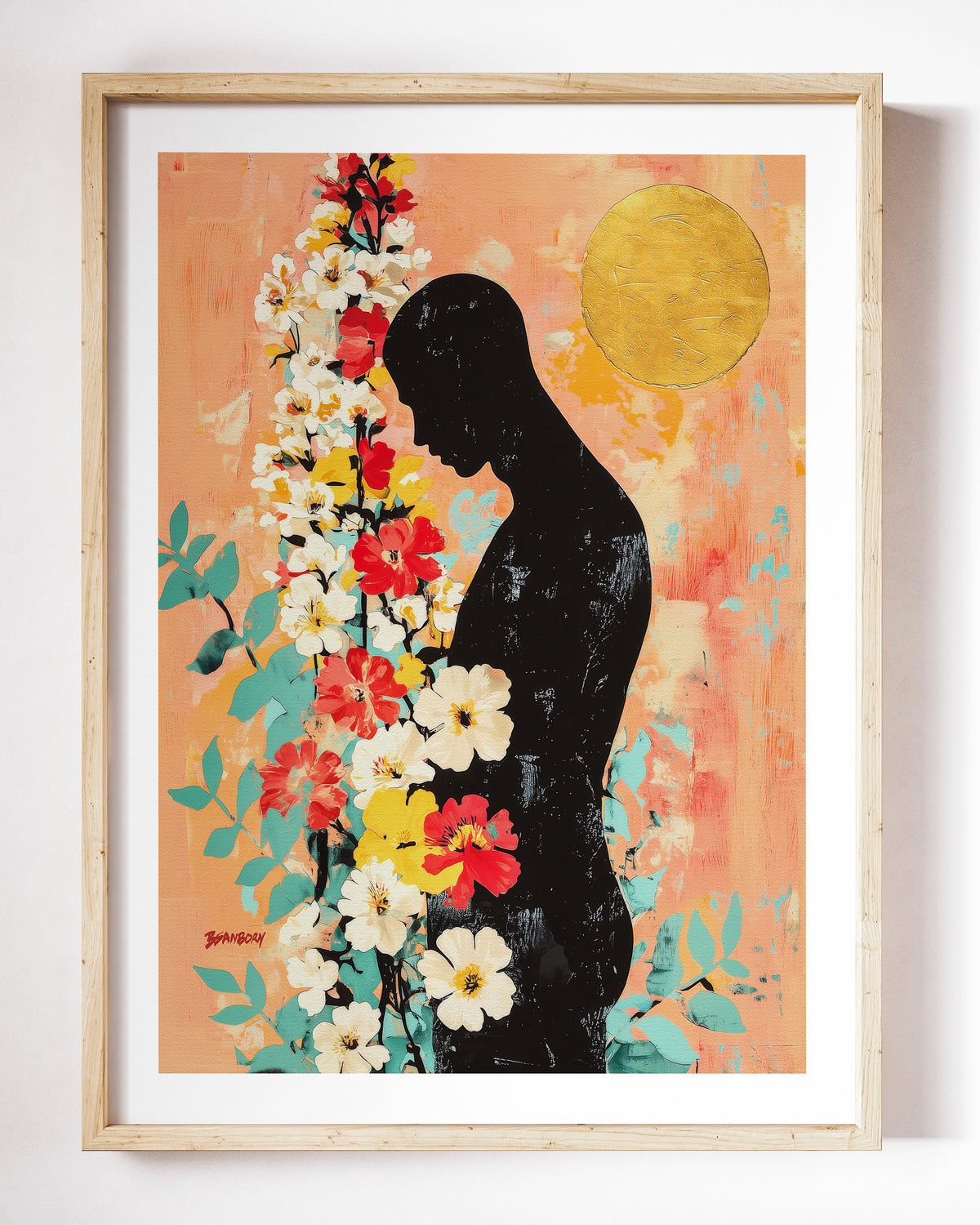 Bowed Light art print by Brenden Sanborn, a dark silhouette with his head bowed beside a tall column of flowers under a gold sun, shown in a light wood frame