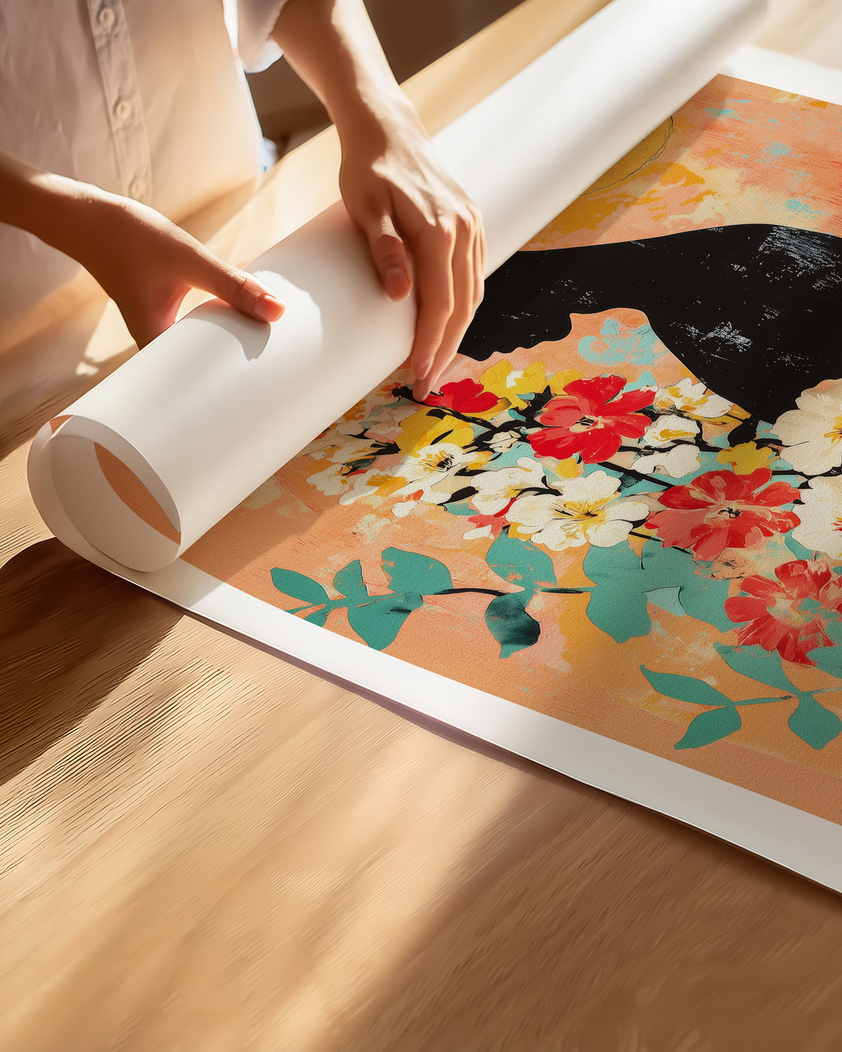 Hands unrolling the Bowed Light fine art paper print, showing the white border