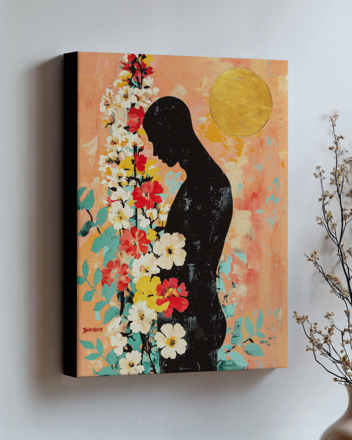 Bowed Light on stretched canvas with black edges, hung on a wall and seen at an angle