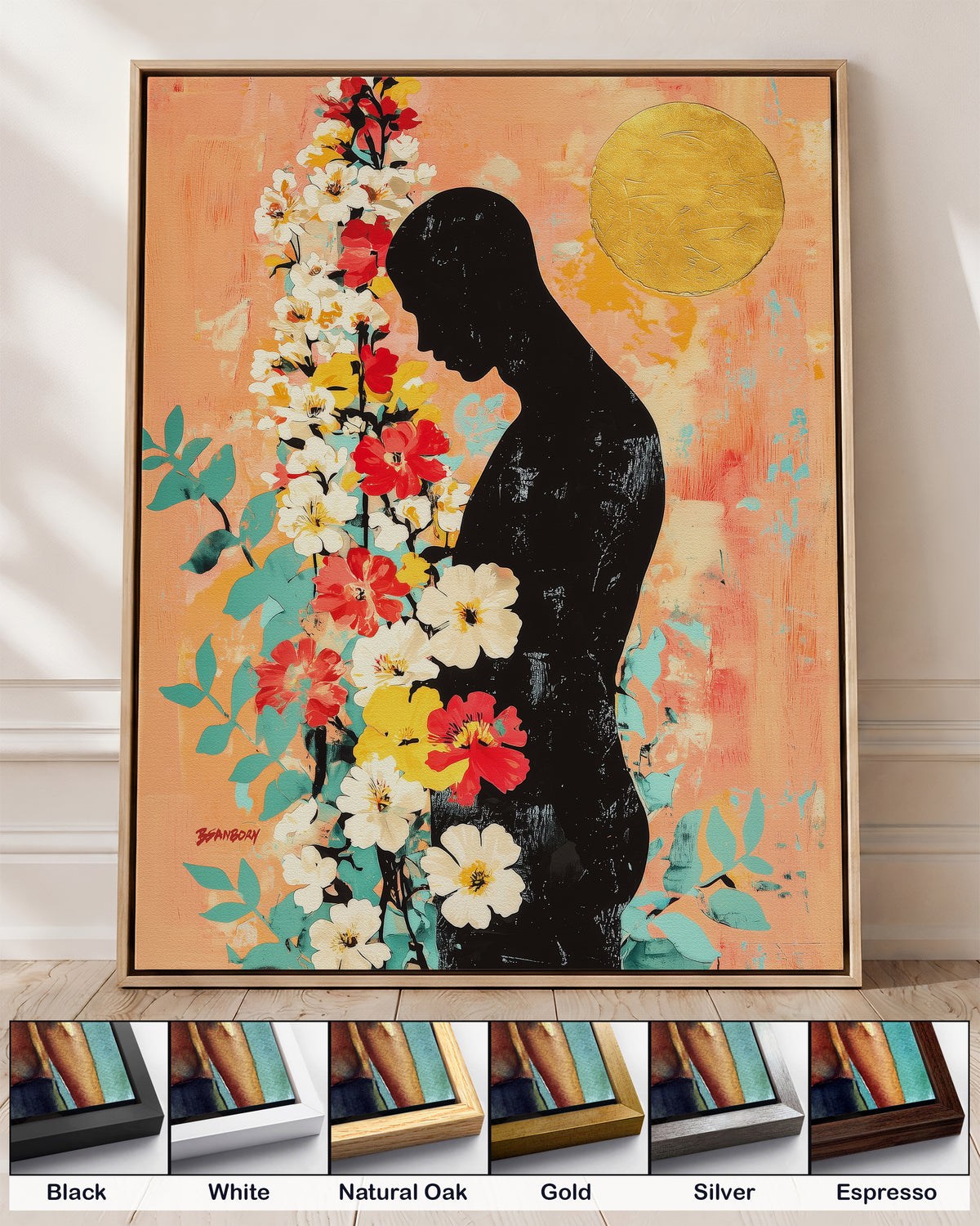 Bowed Light on canvas in a natural oak floating frame, with corner samples of all six frame colors: black, white, natural oak, gold, silver and espresso