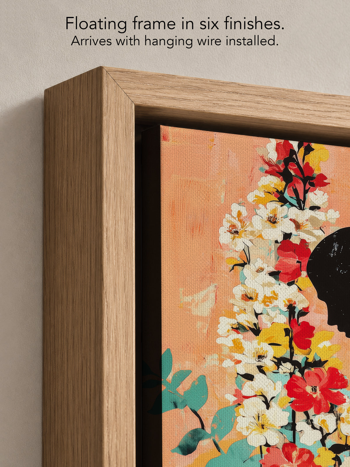 Close up corner of Bowed Light in a natural oak floating frame, with black canvas edges and hanging wire installed
