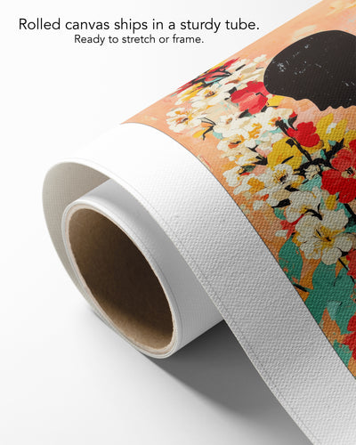 Bowed Light on rolled canvas with a white border, curling off its cardboard core