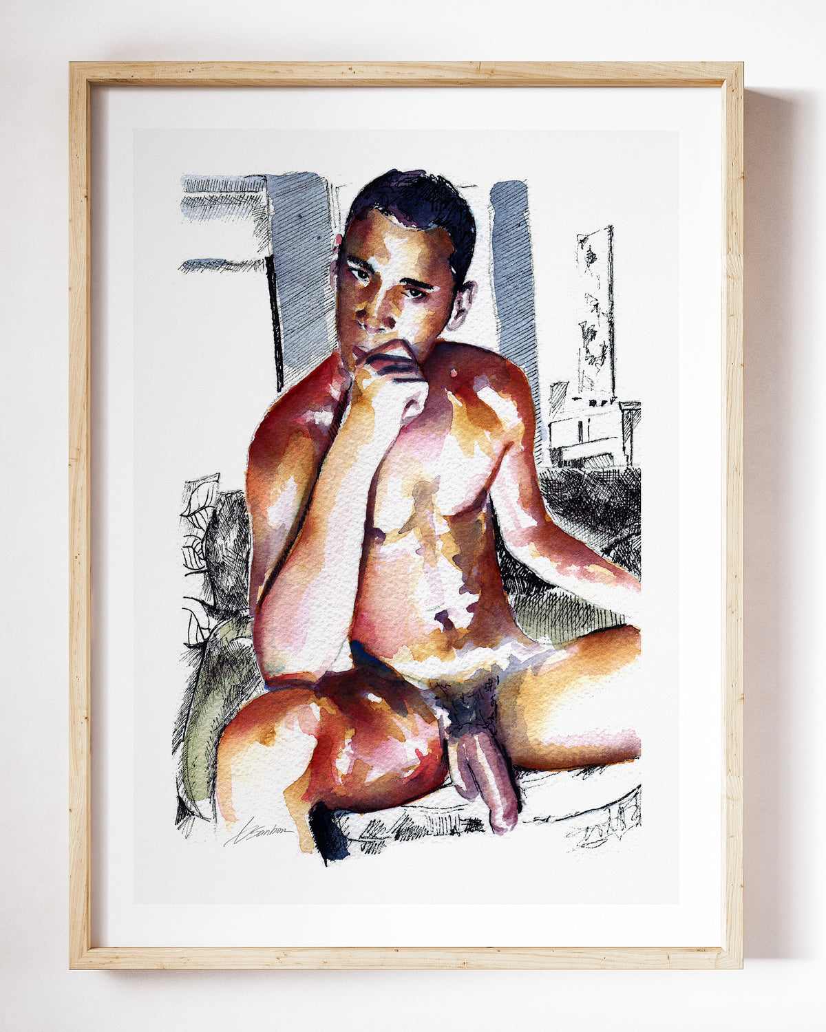 Magnitude art print by Brenden Sanborn, a nude man seated with his chin in his hand, an ink sketched room behind him, shown in a light wood frame