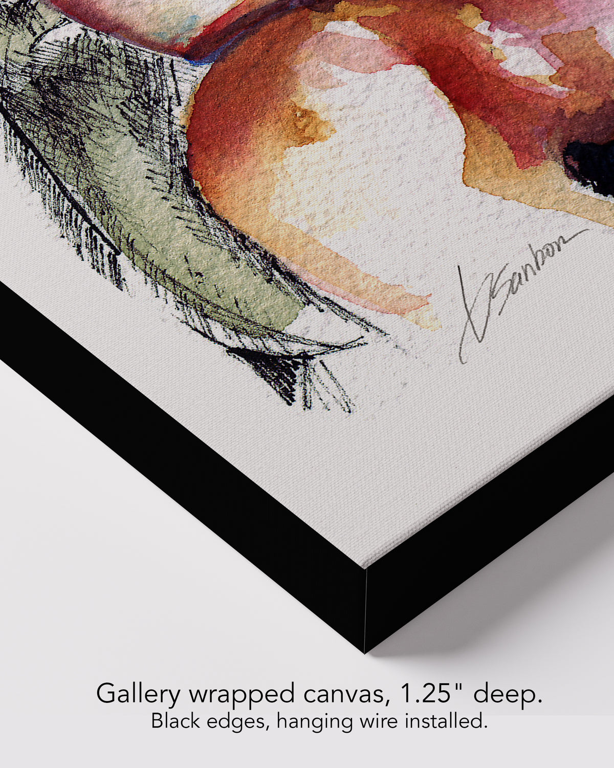 Corner of Magnitude on gallery wrapped canvas, 1.25 inches deep, with black edges and hanging wire installed