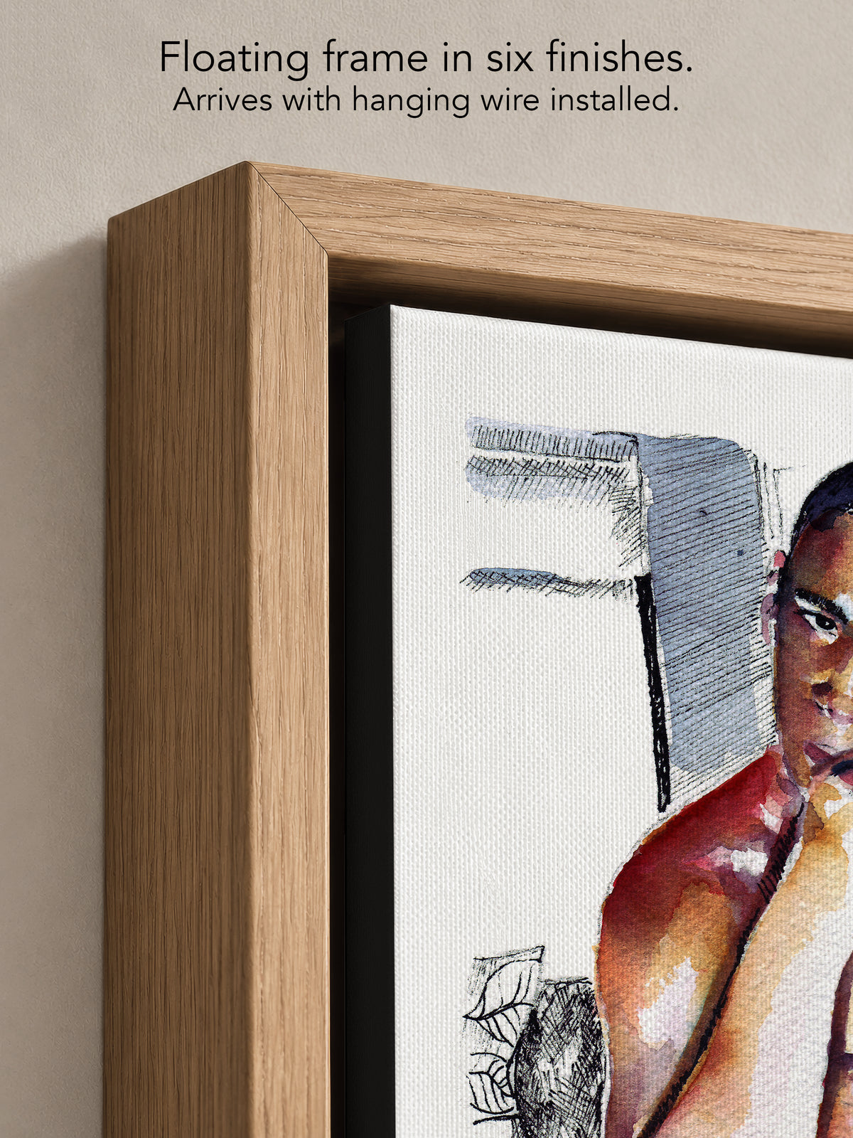 Close up corner of Magnitude in a natural oak floating frame, with black canvas edges and hanging wire installed