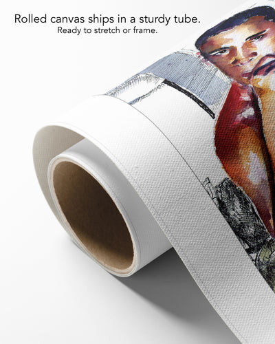 Magnitude on rolled canvas with a white border, curling off its cardboard core