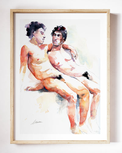 Heavenly Moment art print by Brenden Sanborn, two nude men sitting close together, one arm around the other, shown in a light wood frame