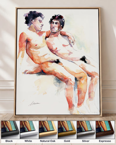 Heavenly Moment on canvas in a natural oak floating frame, with corner samples of all six frame colors: black, white, natural oak, gold, silver and espresso