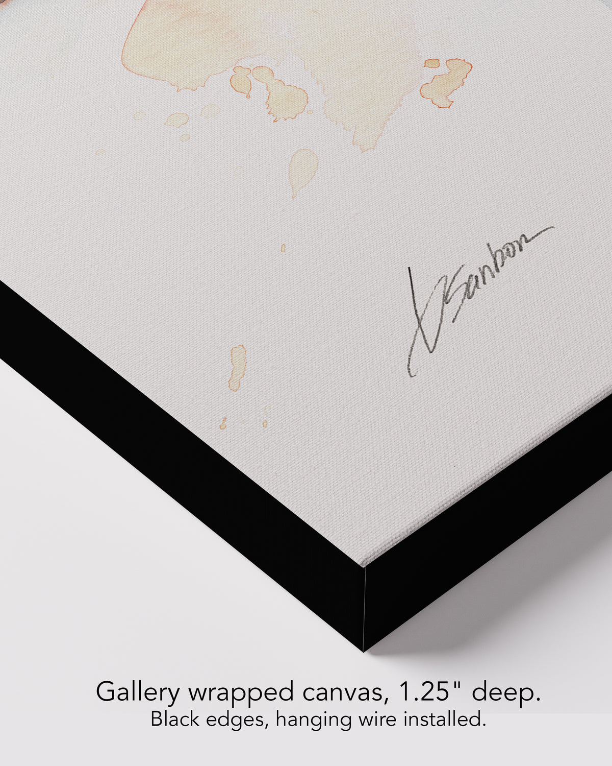 Corner of Heavenly Moment on gallery wrapped canvas, 1.25 inches deep, with black edges and hanging wire installed